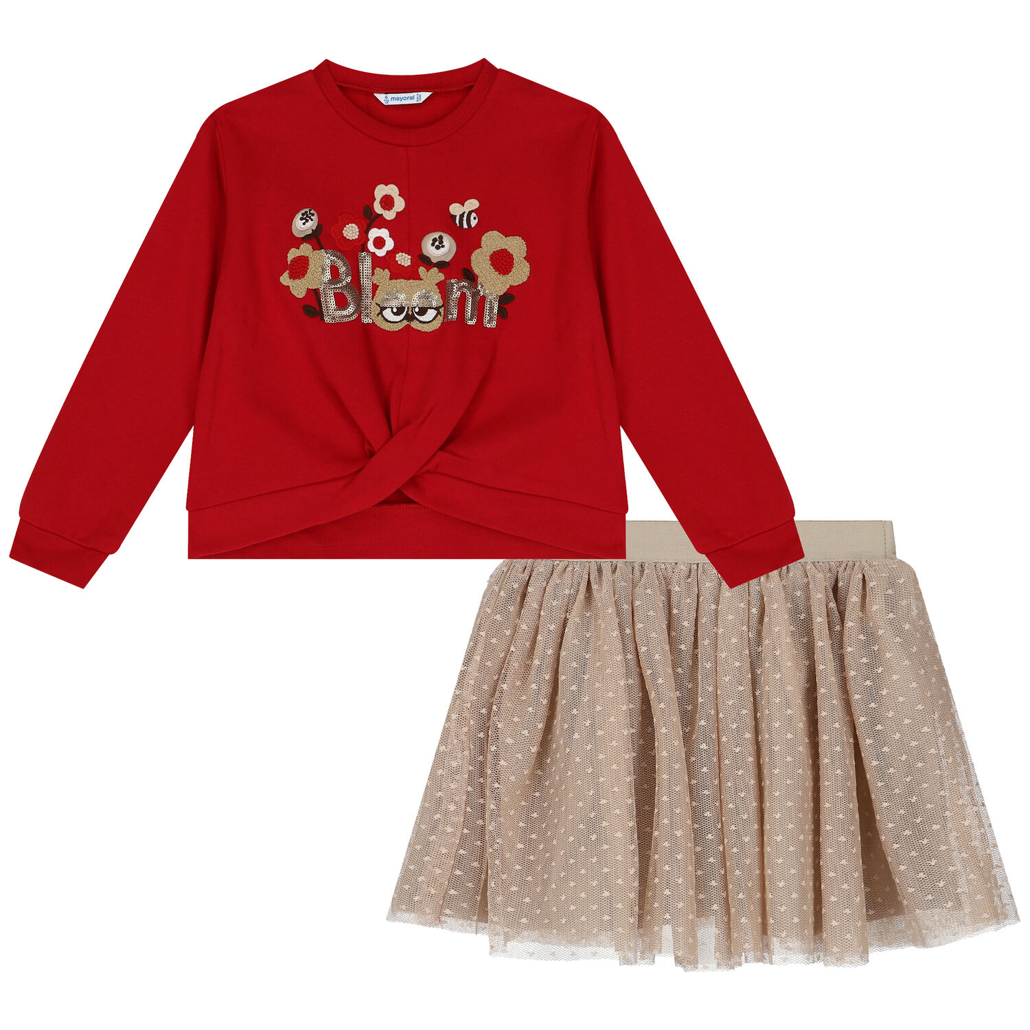Girls Red & Beige Tulle Skirt Set, 2, hi-res image number null